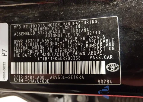 2013 Toyota Camry Xle z USA, uszkodzony, nr VIN 4T4BF1FK5DR290368